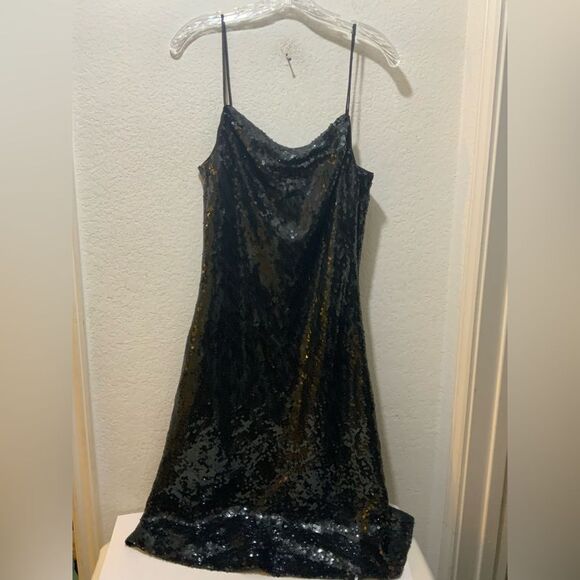 W by Worth Black Sequin Midi Cocktail Slip Dress Size 10 Y2K - Picture 1 of 8
